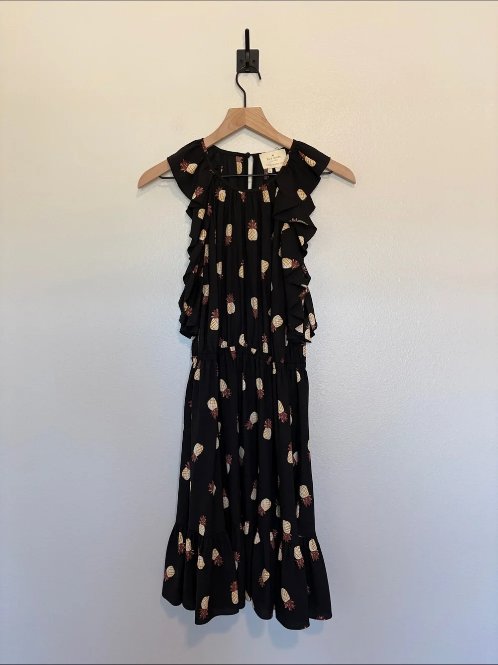 Kate Spade Pineapple Print Sleeveless Ruffle A-Line Mini Dress Black Medium